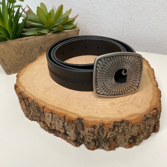 Carhartt Women's Black Leather Belt Square Silver Buckle Size L - Picture 1 of 5